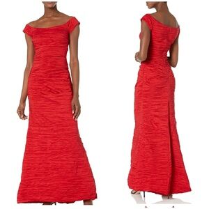 Alex Evenings Scarlet Textured Long Fitted Off The Shoulder Maxi Dress. NWT
